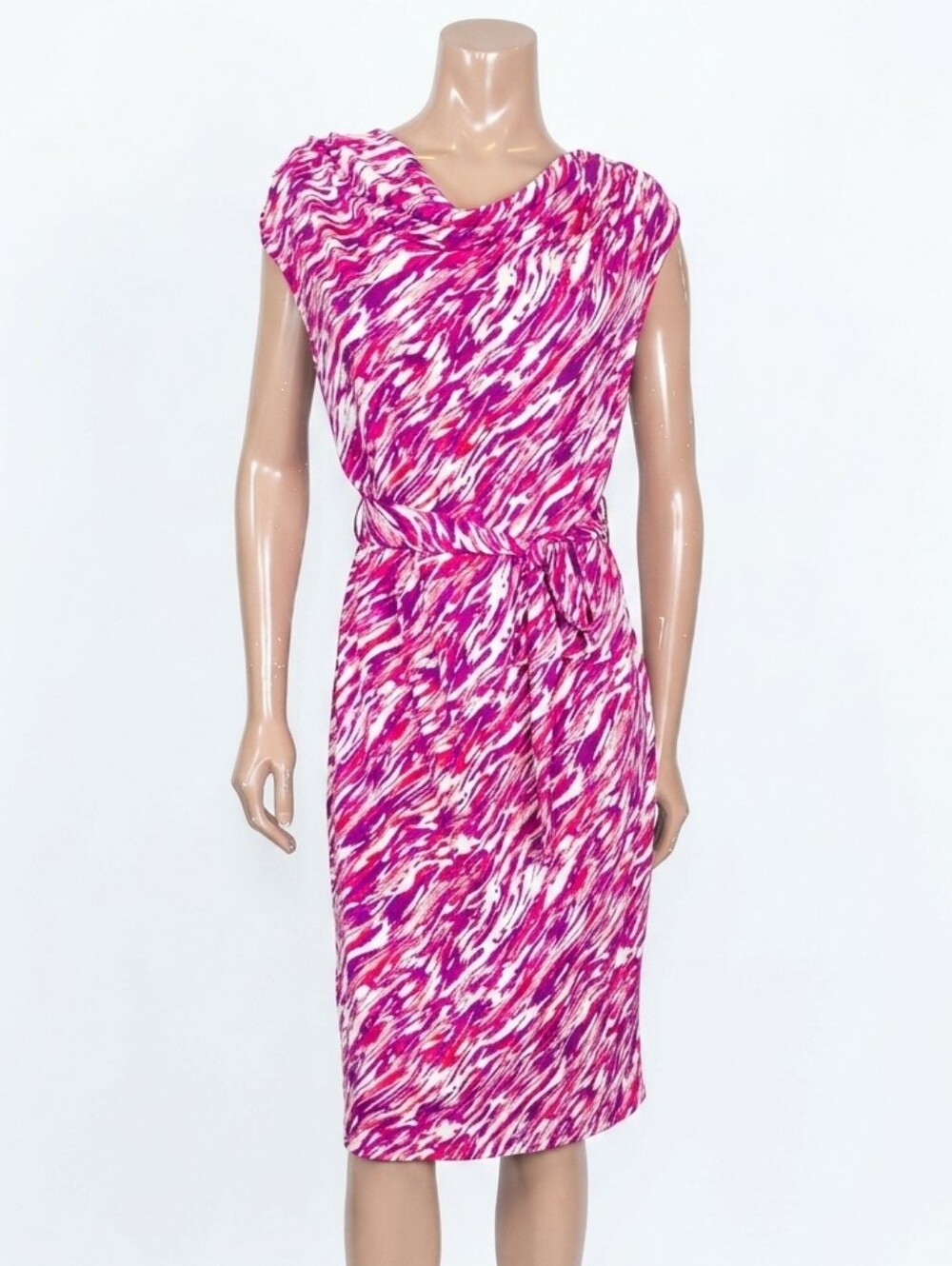 Jones New York Pink Cap Sleeve Dress Womens Size Medium Sheath Tie Waist Cowl
